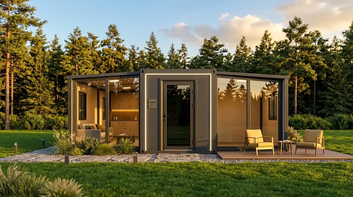 Rozkládací modulární dům Flexi House s terasou a posezením mezi stromy